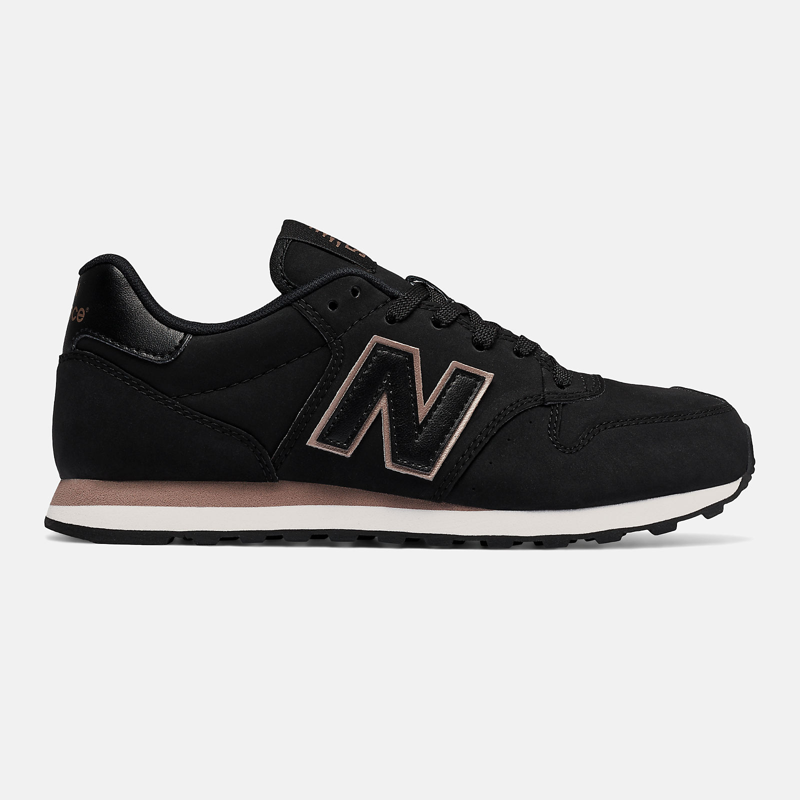 New Balance 500 Classic Shoes Black with Rose Gold